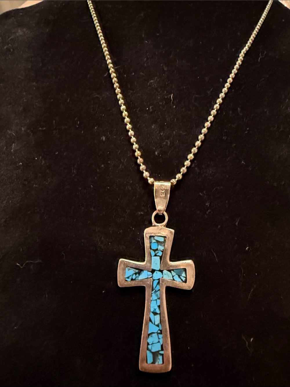 Handcrafted in 1970’s Inlay Cross Necklace Sterling Silver cross & chain marked